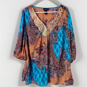 Lane Bryant Shirt size 14 16 Paisley Colorful Floral Print Blouse Sequins Tunic
